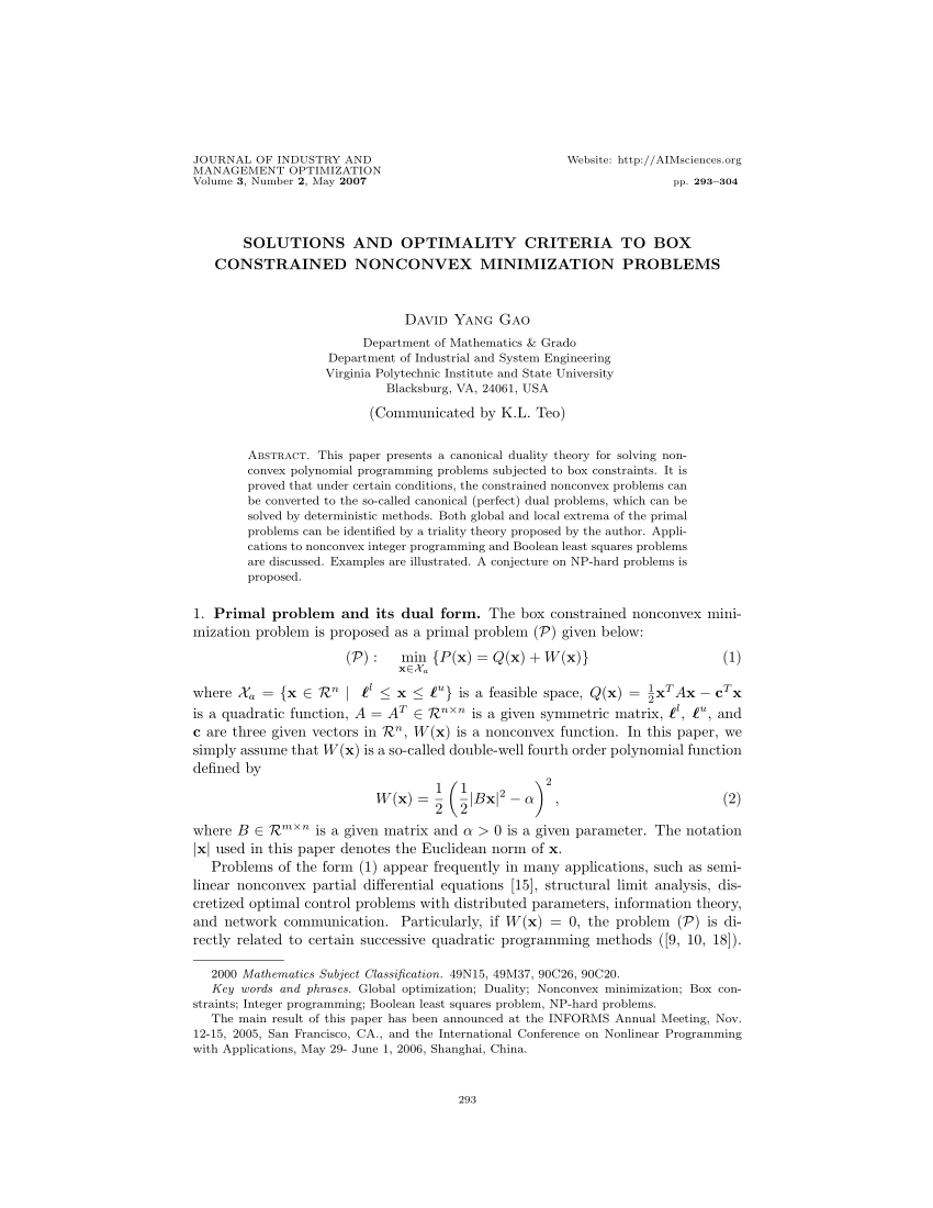 Pdf Solutions And Optimality Criteria To Box Constrained Nonconvex Minimization Problems