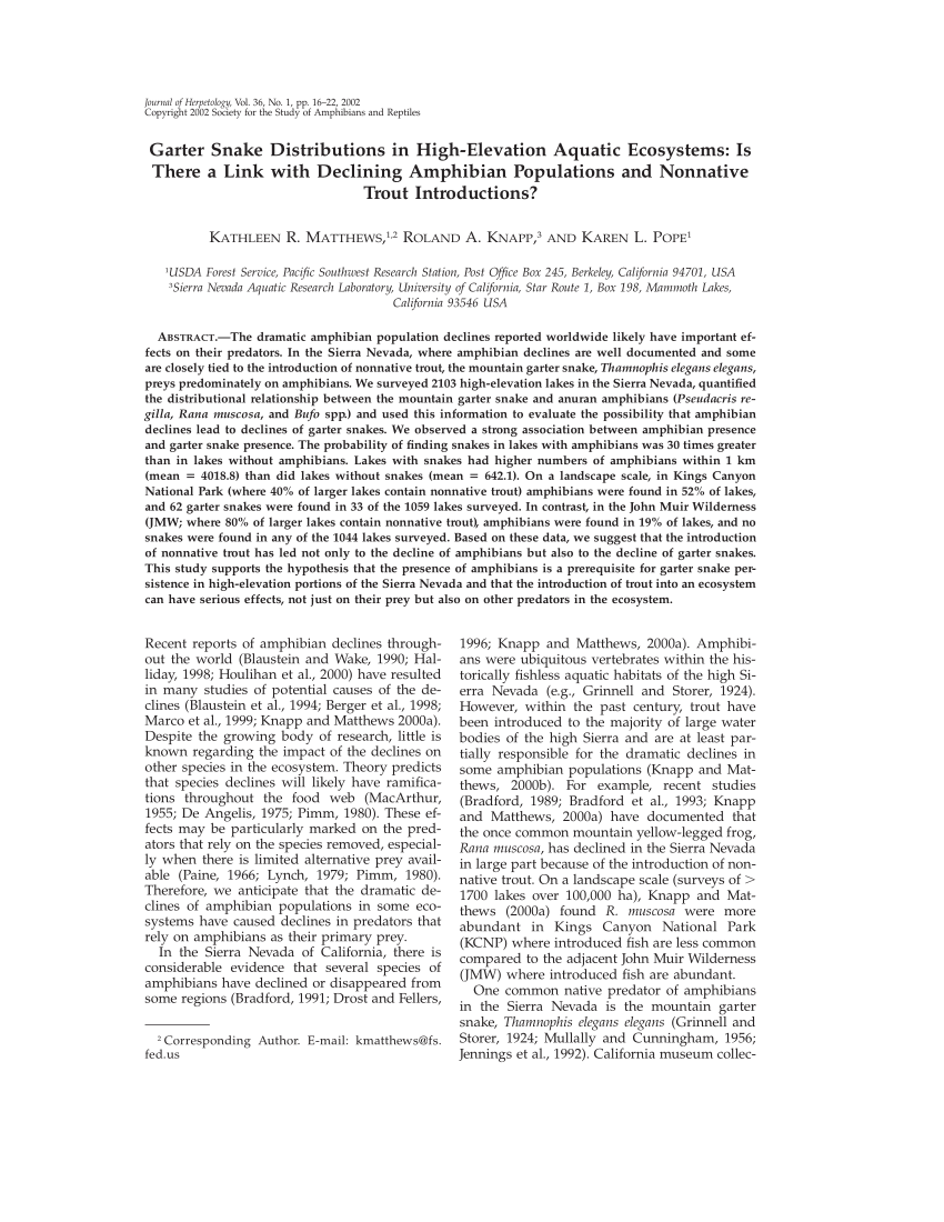 (PDF) Garter Snake Distributions in High-Elevation Aquatic Ecosystems