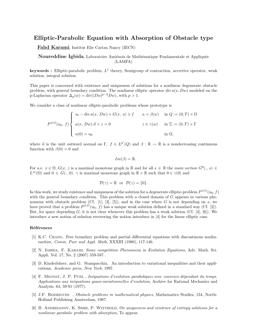 Pdf Elliptic Parabolic Equation With Absorption Of Obstacle Type