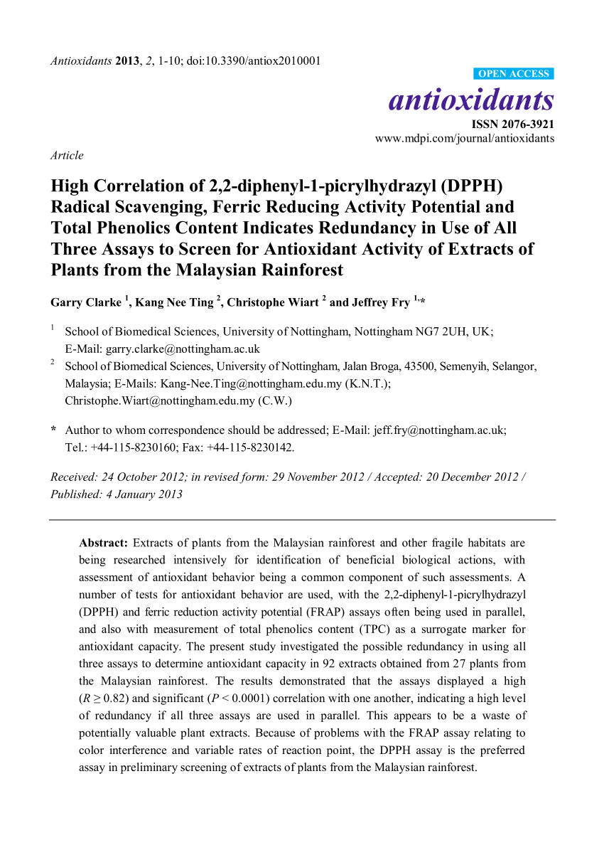 Pdf High Correlation Of 2 2 Diphenyl 1 Picrylhydrazyl Dpph Radical Scavenging Ferric Reducing Activity Potential And Total Phenolics Content Indicates Redundancy In Use Of All Three Assays To Screen For Antioxidant Activity Of Extracts Of
