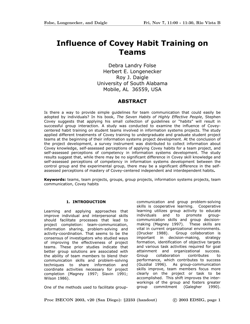 PDF) Influence of Covey Habit Training on Teams