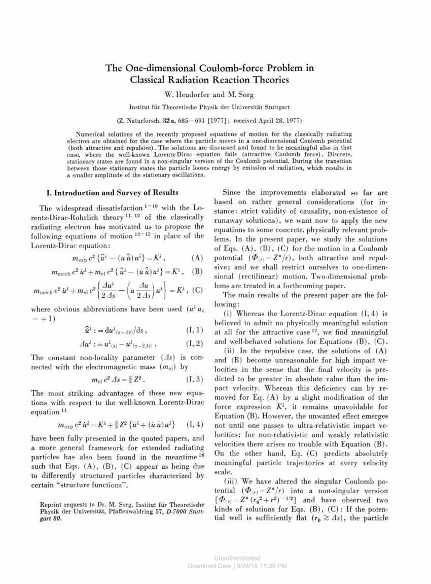 Pdf The One Dimensional Coulomb Force Problem In Classical Radiation Reaction Theories