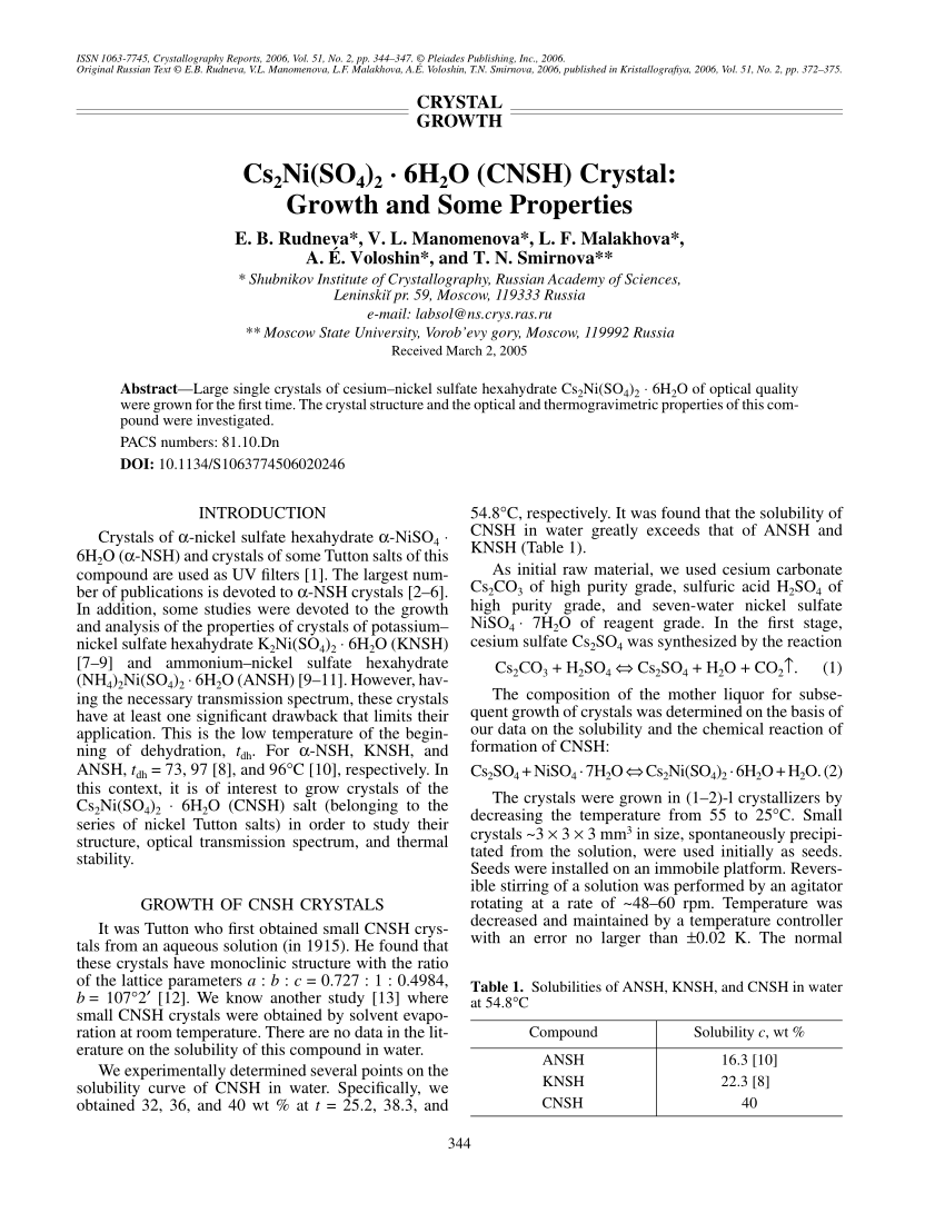 Pdf Cs2ni So4 2 6h2o Cnsh Crystal Growth And Some Properties