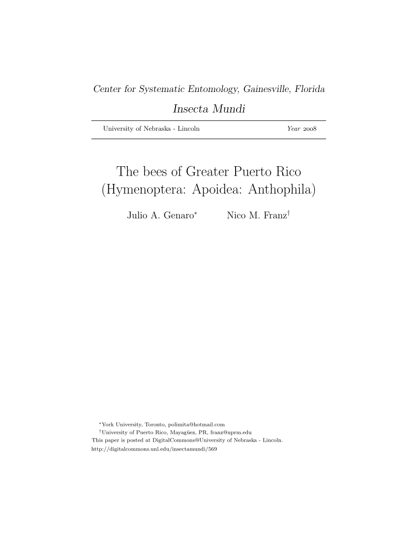Pdf The Bees Of Greater Puerto Rico Hymenoptera Apoidea Anthophila
