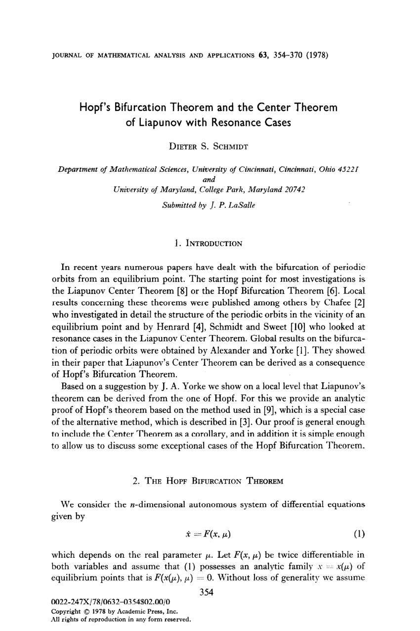 Pdf Hopf S Bifurcation Theorem And The Center Theorem Of Liapunov With Resonance Cases