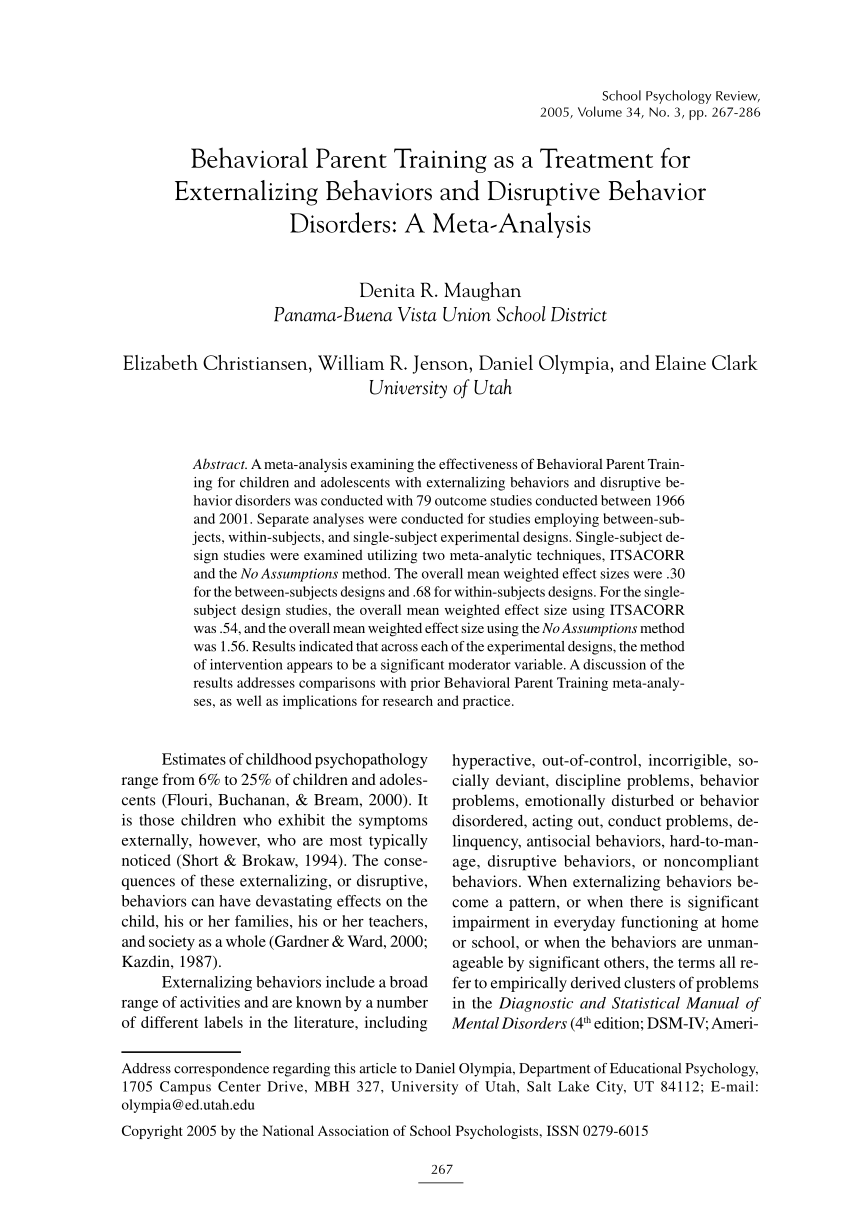 Pdf Behavioral Parent Training As A Treatment For Externalizing Behaviors And Disruptive Behavior Disorders A Meta Analysis