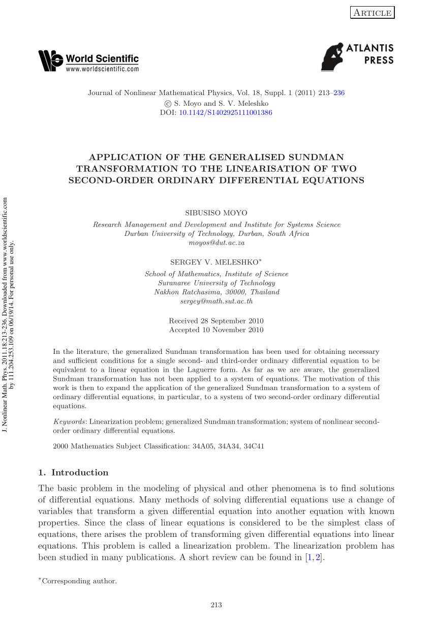 Pdf Application Of The Generalised Sundman Transformation To The Linearisation Of Two Second Order Ordinary Differential Equations