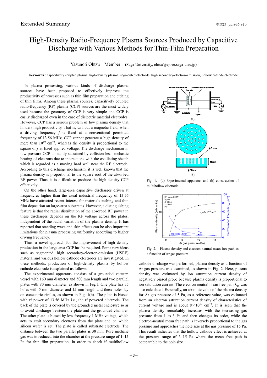 Pdf High Density Radio Frequency Plasma Sources Produced By Capacitive Discharge With Various Methods For Thin Film Preparation