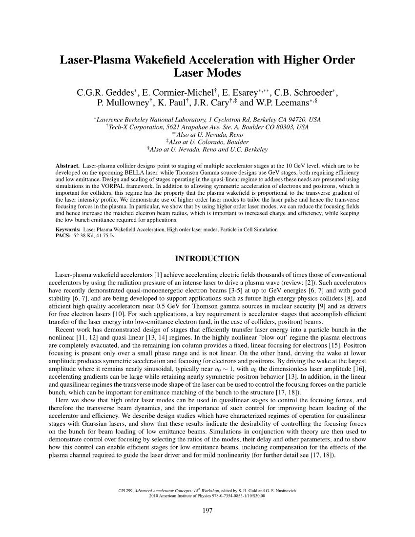 Pdf Laser Plasma Wakefield Acceleration With Higher Order Laser Modes