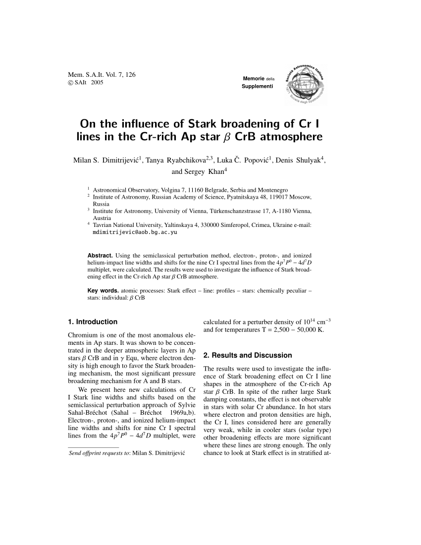 Pdf On The Influence Of Stark Broadening Of Cr I Lines In The Cr Rich Ap Star Beta Crb Atmosphere