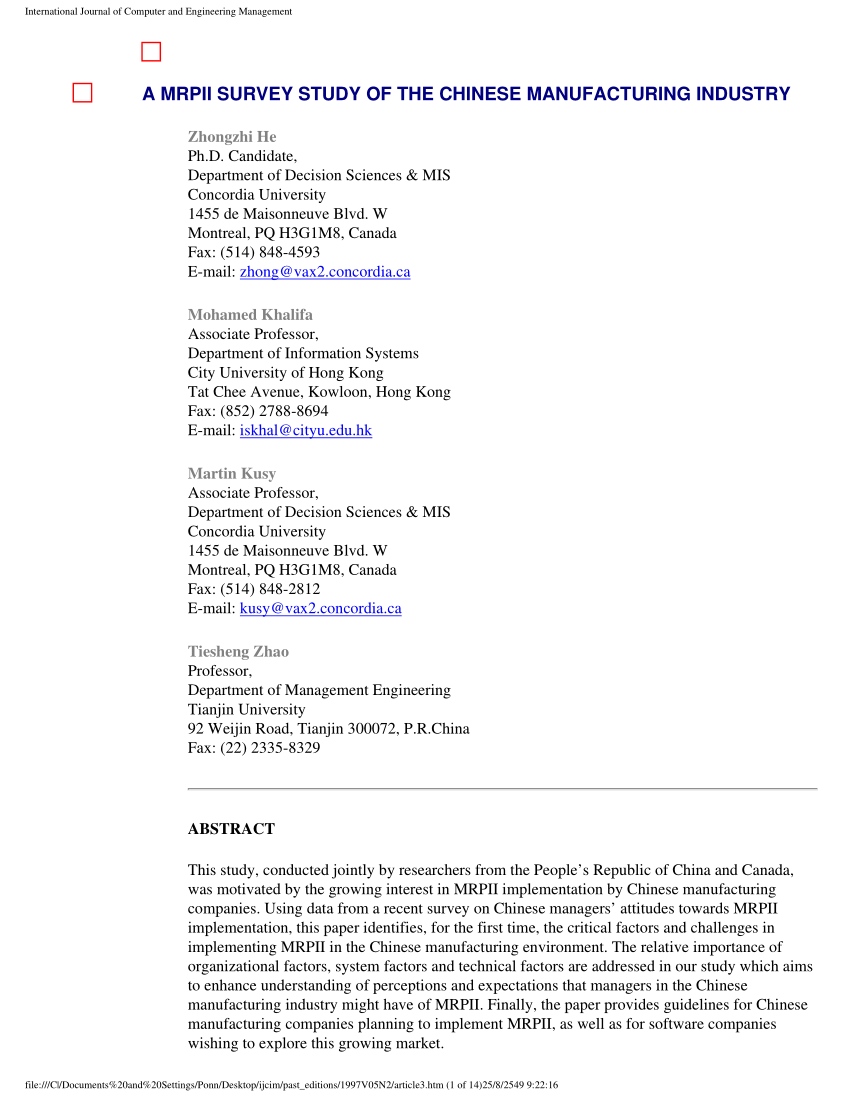 (PDF) A MRPII survey study of the Chinese manufacturing industry