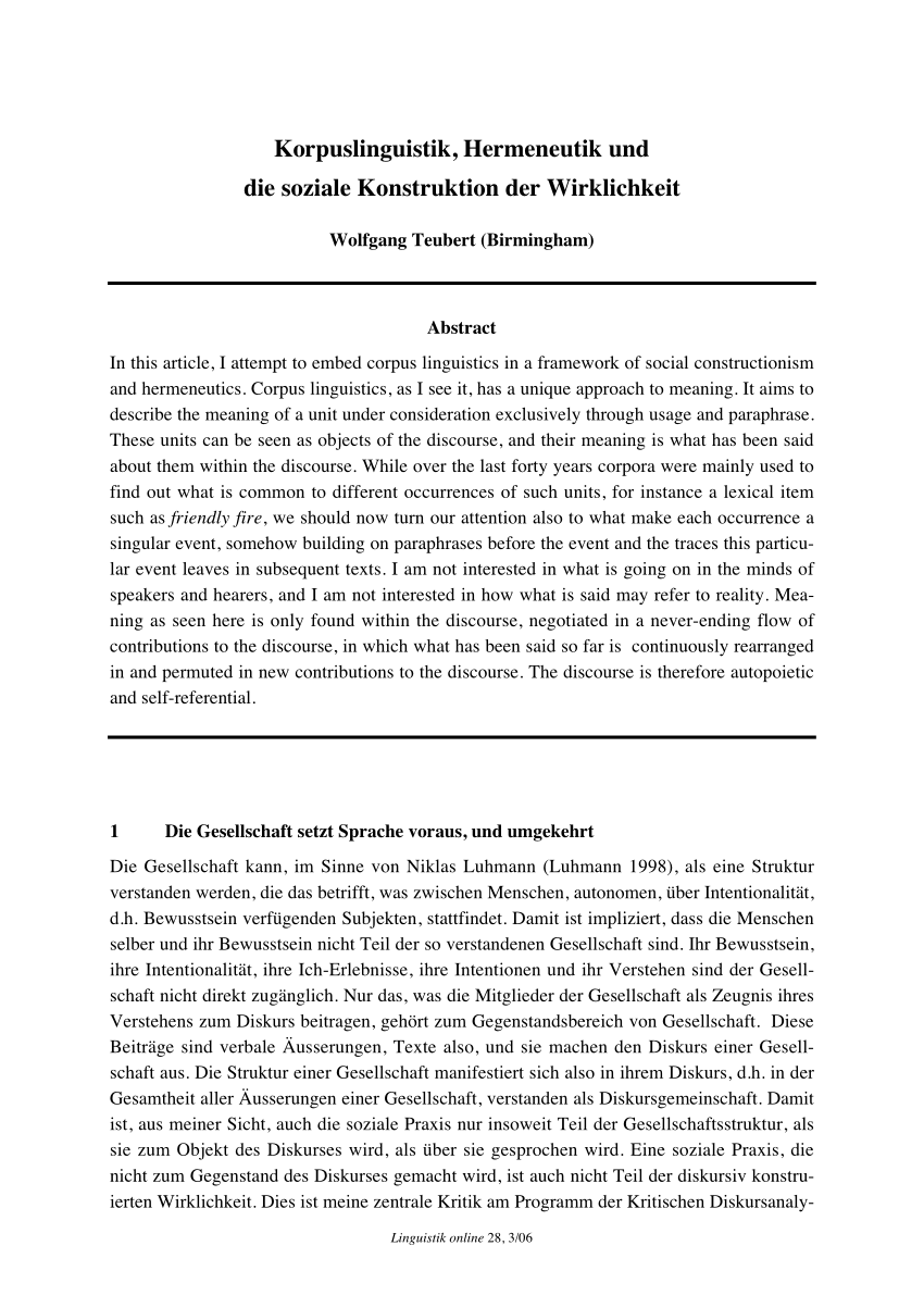 PDF Korpuslinguistik Hermeneutik und soziale Konstruktion der Wirklichkeit