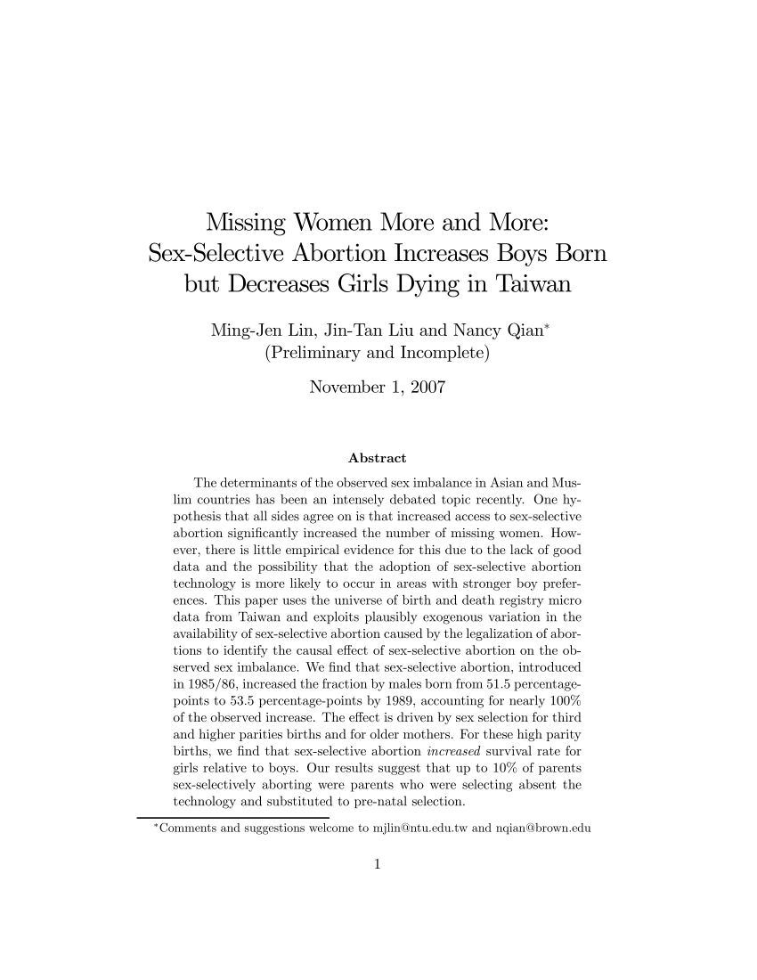 PDF) Missing Women More and More: Sex-Selective Abortion Increases Boys  Born but Decreases Girls Dying in Taiwan