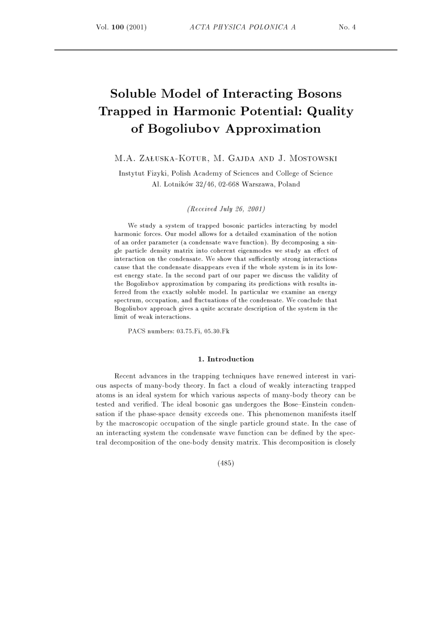 Pdf Soluble Model Of Interacting Bosons Trapped In Harmonic Potential Quality Of Bogoliubov Approximation