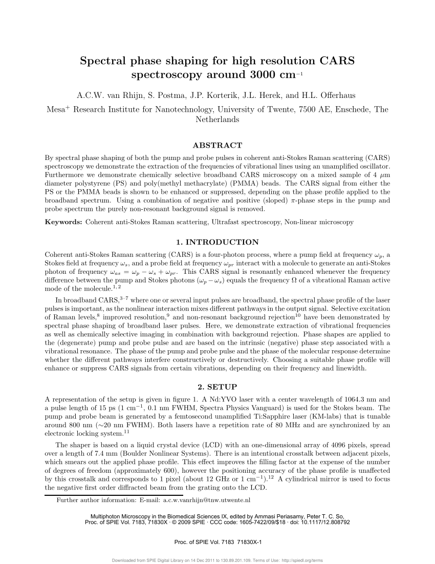 Pdf Femtosecond Spectral Phase Shaping For Cars Spectroscopy And Imaging