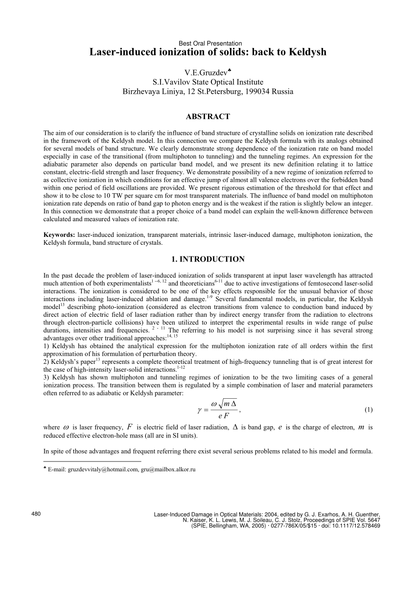 Pdf Laser Induced Ionization Of Solids Back To Keldysh