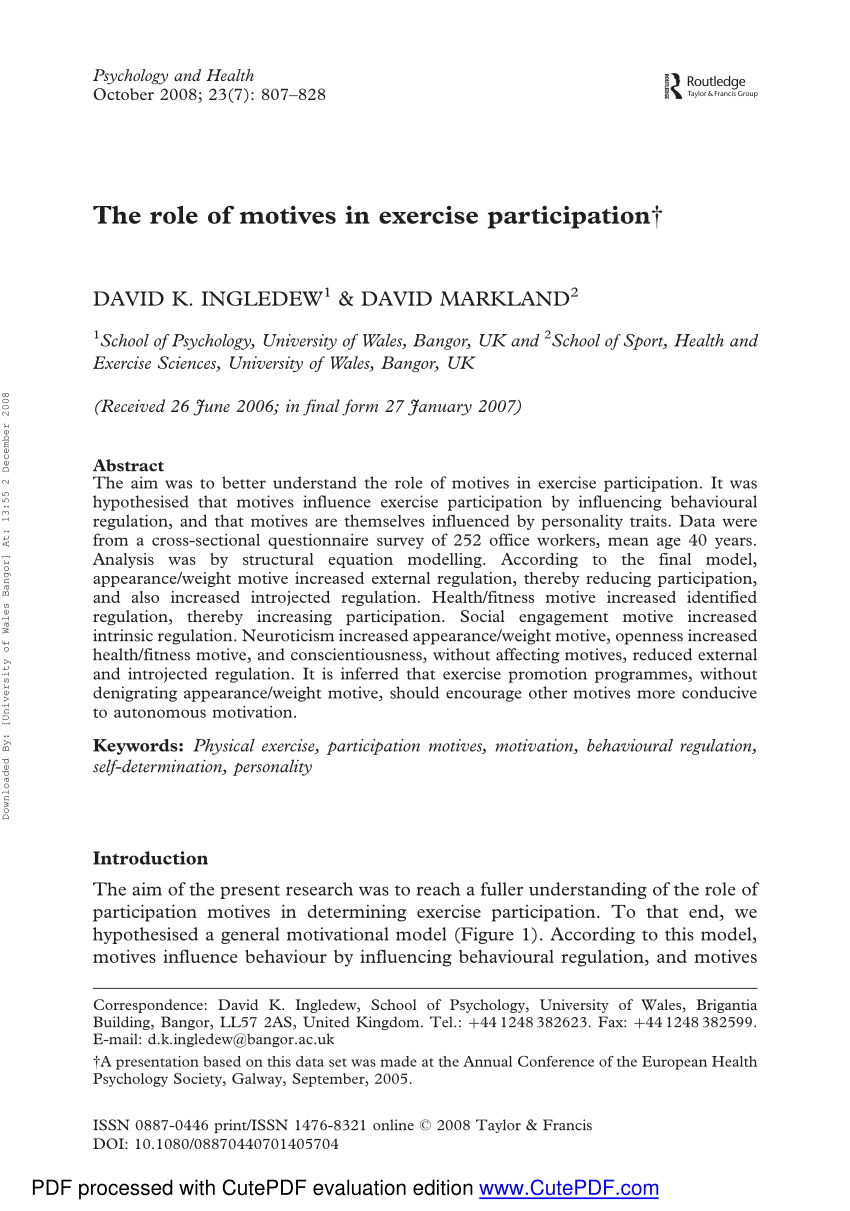 Pdf The Role Of Motives In Exercise Participation