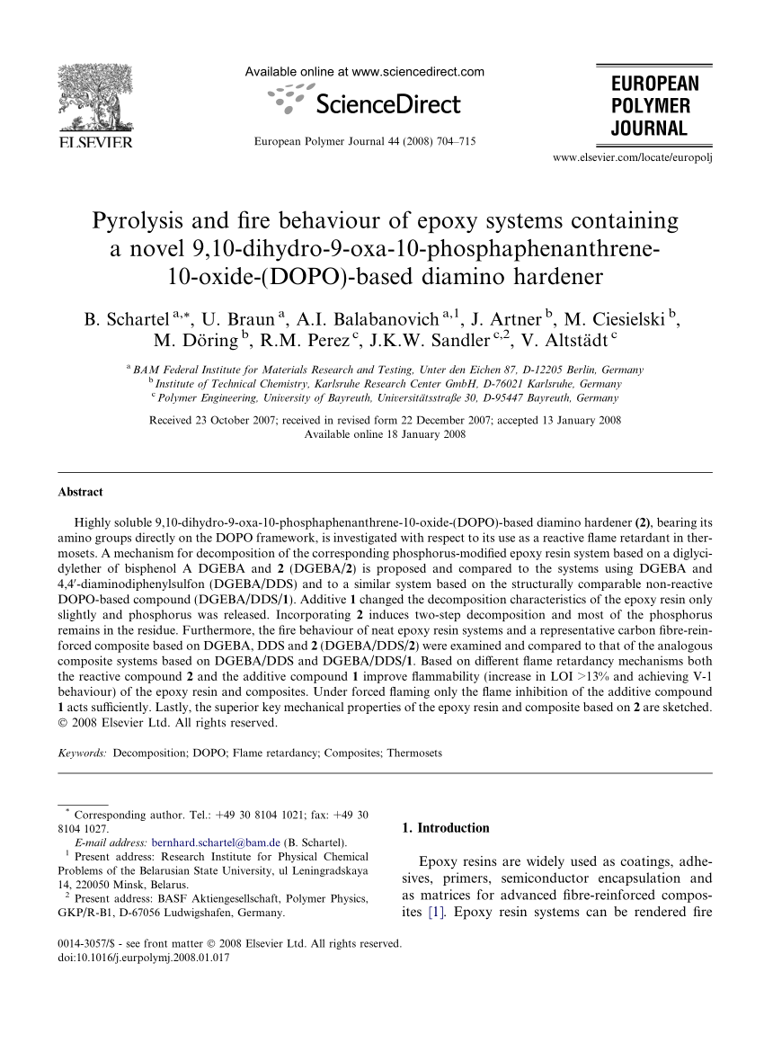 Pdf Pyrolysis And Fire Behaviour Of Epoxy Systems Containing A Novel 9 10 Dihydro 9 Oxa 10 Phosphaphenanthrene 10 Oxide Dopo Based Diaminic Hardener