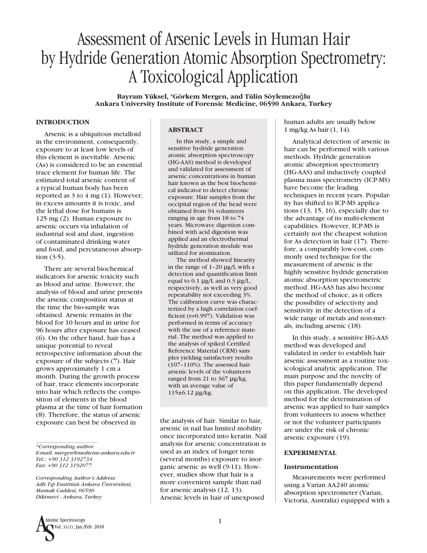 Pdf Assessment Of Arsenic Levels In Human Hair By Hydride Generation Atomic Absorption 