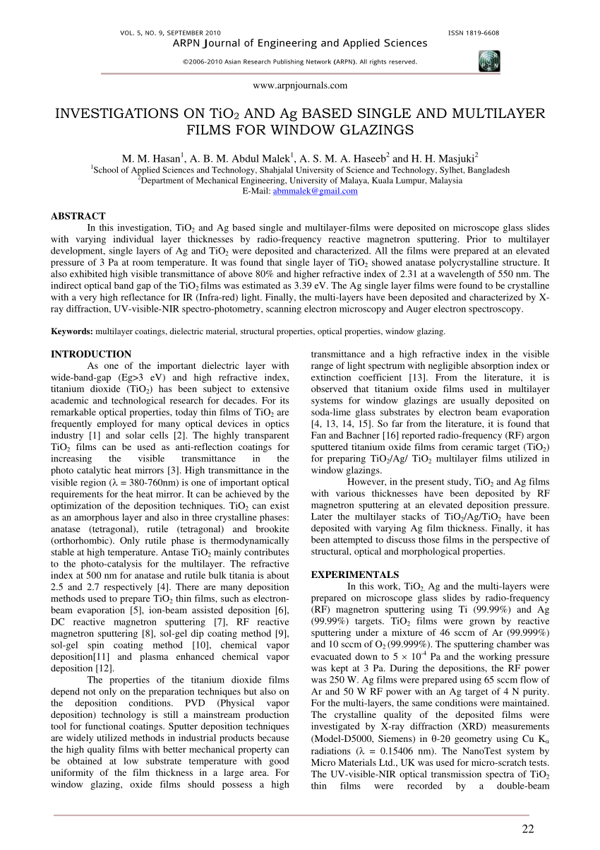 Pdf Investigations On Tio2 And Ag Based Single And Multilayer Films For Window Glazings