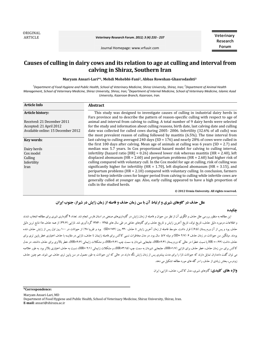 PDF) Causes of culling in dairy cows and its relation to age at culling and  interval from calving in Shiraz, Southern Iran