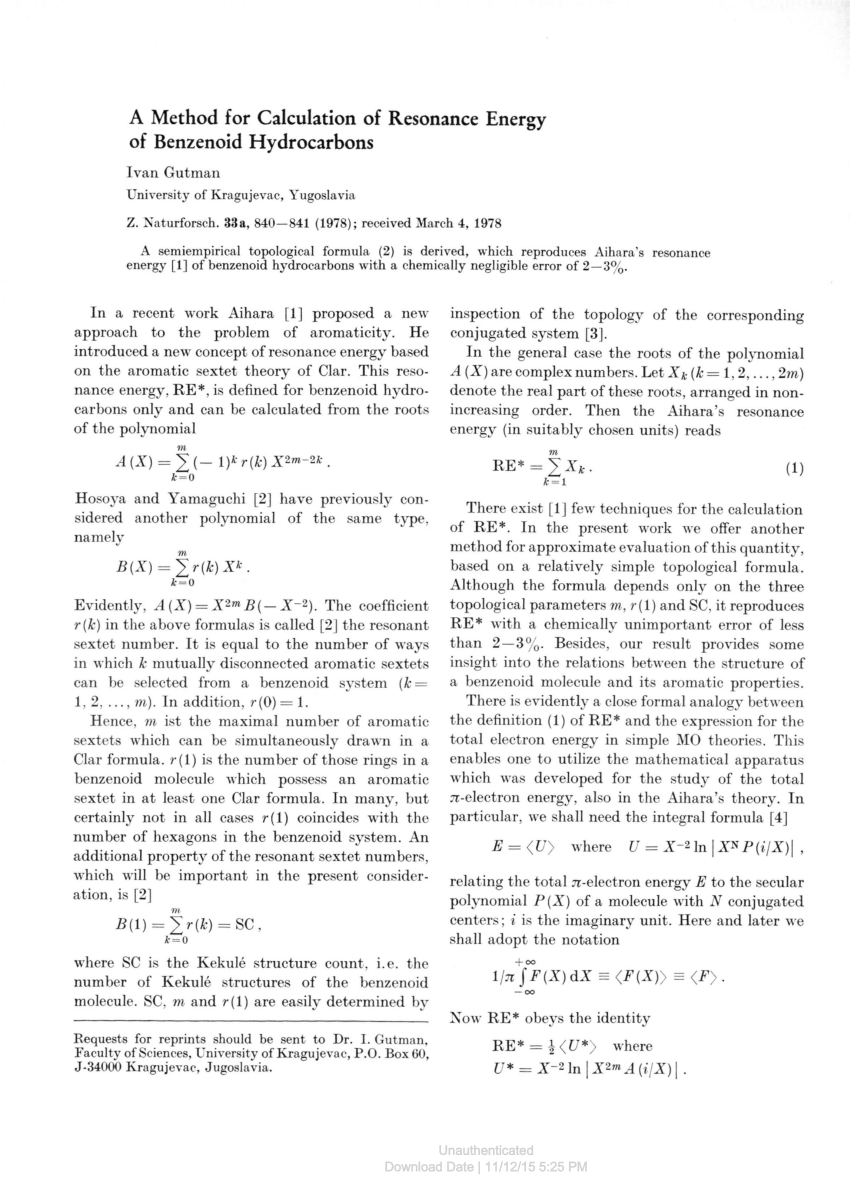 Pdf A Method For Calculation Of Resonance Energy Of Benzenoid Hydrocarbons