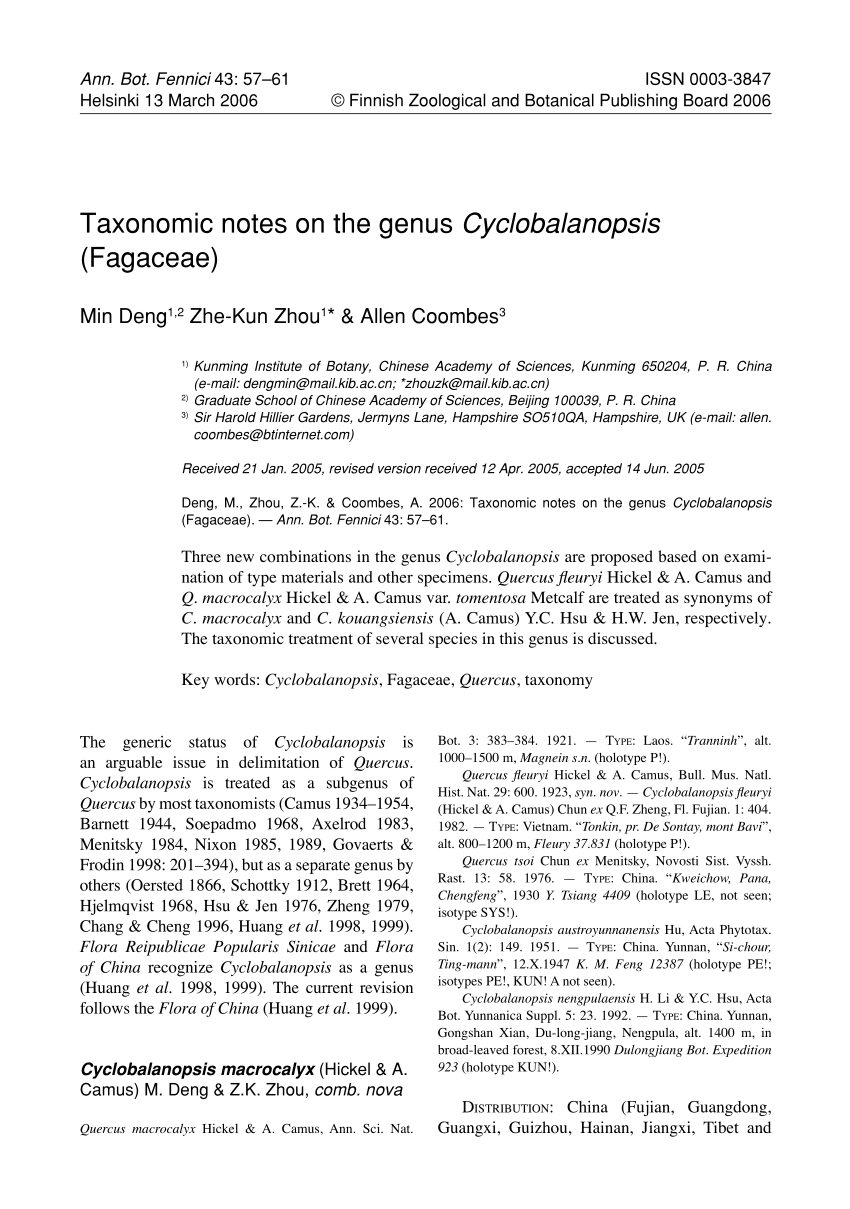 Pdf Taxonomic Notes On The Genus Cyclobalanopsis Fagaceae