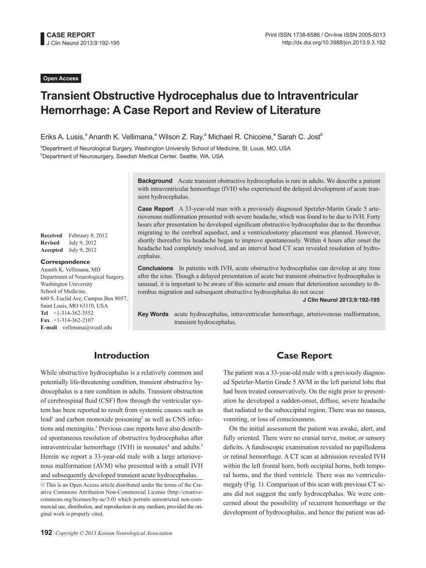 Pdf Transient Obstructive Hydrocephalus Due To Intraventricular Hemorrhage A Case Report And Review Of Literature