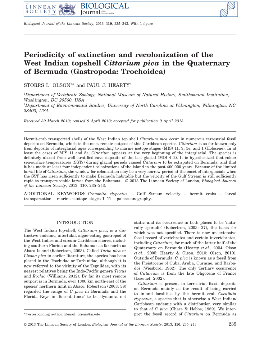 PDF) Periodicity of extinction and recolonization of the West Indian  topshell Cittarium pica in the Quaternary of Bermuda (Gastropoda:  Trochoidea)