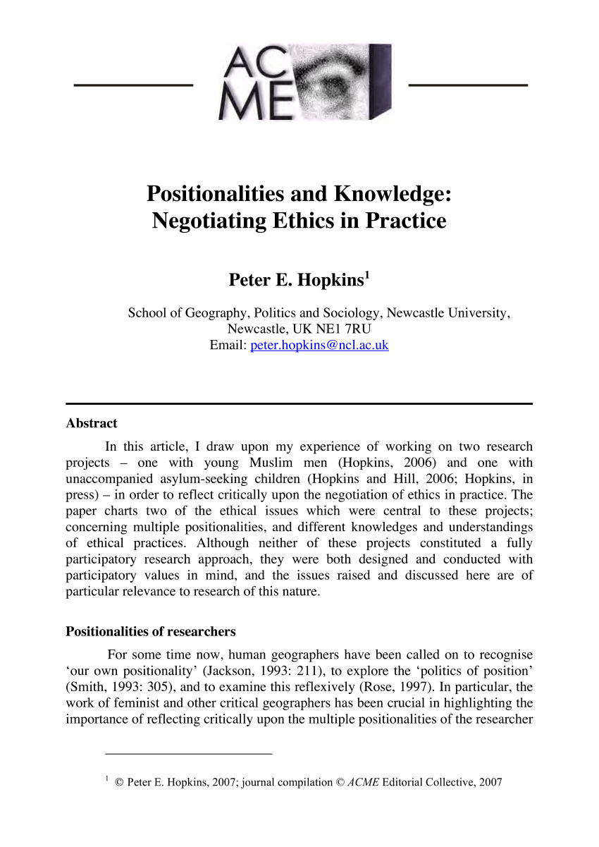 PDF) Positionalities and Knowledge: Negotiating Ethics in Practice