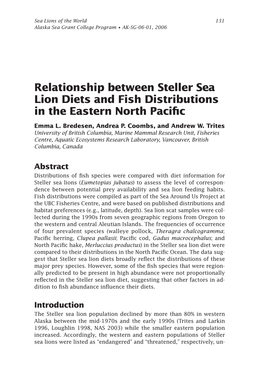 (PDF) Relationship between Steller Sea Lion Diets and Fish