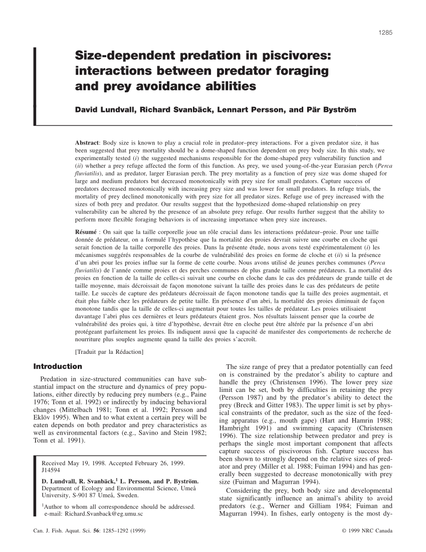 PDF) Size-dependent predation in piscivores: Interactions between predator  foraging and prey avoidance abilities