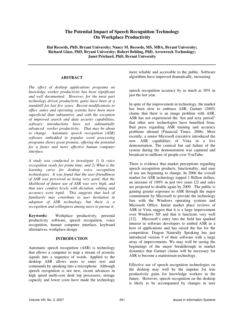 Pdf The Potential Impact Of Speech Recognition Technology On Workplace Productivity 