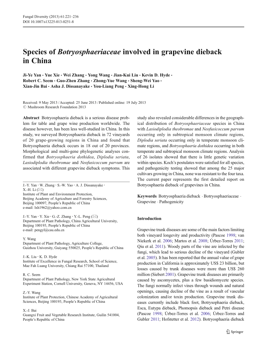 Pdf Species Of Botryosphaeriaceae Involved In Grapevine Dieback In China