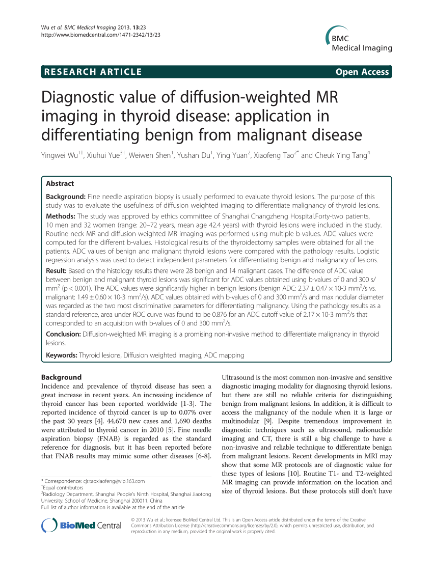 Pdf Diagnostic Value Of Diffusion Weighted Mr Imaging In Thyroid Disease Application In 1755