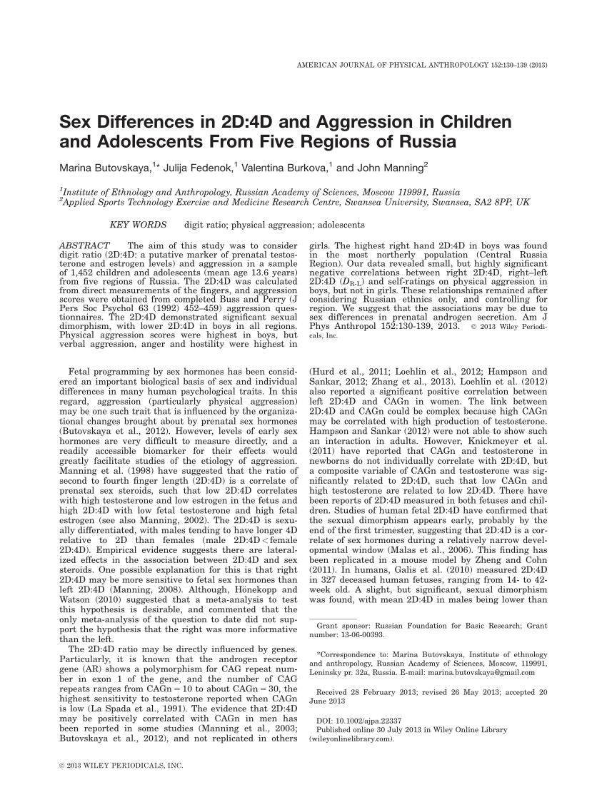 PDF) Sex Differences in 2D:4D and Aggression in Children and Adolescents  From Five Regions of Russia