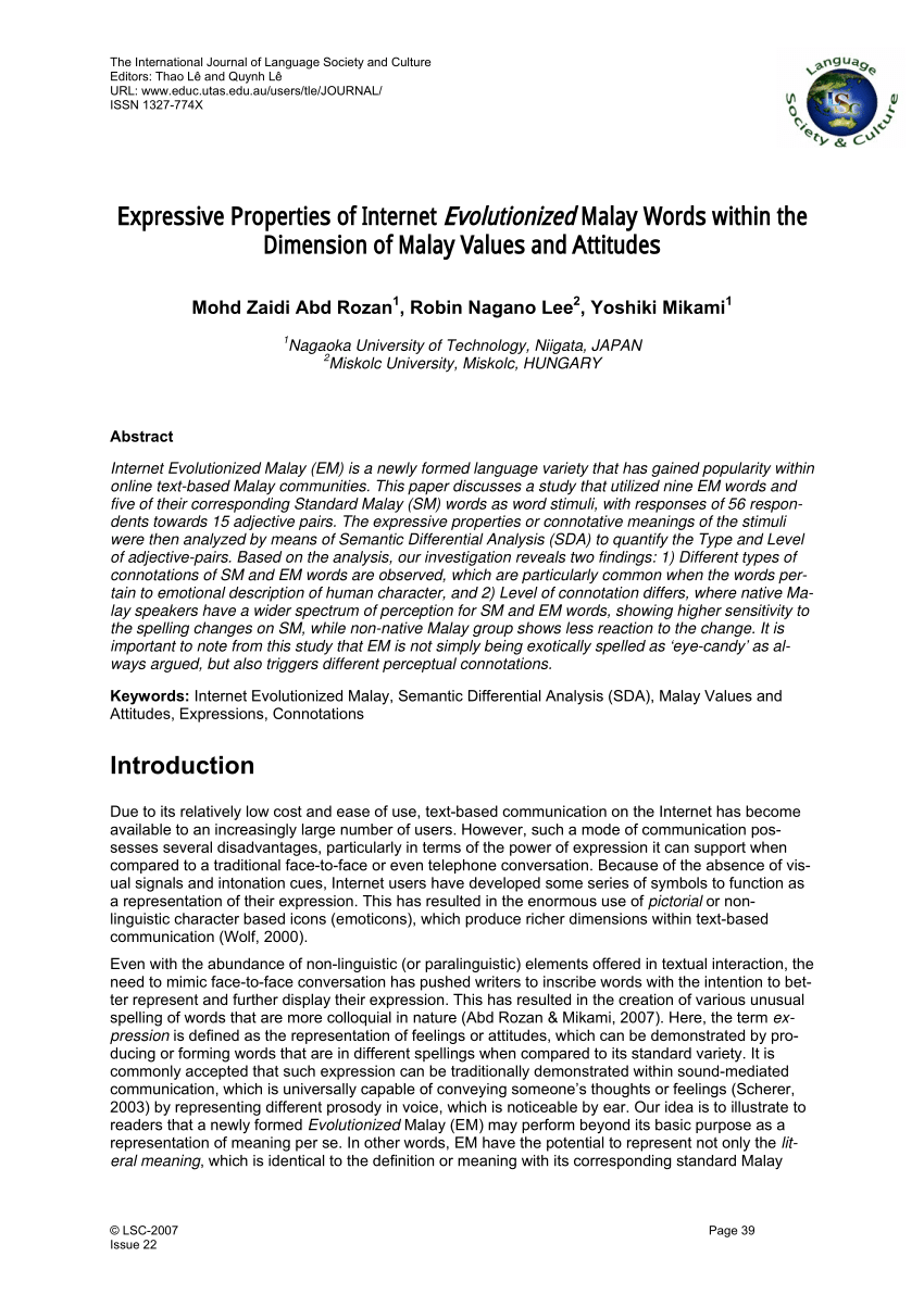 Pdf Expressive Properties Of Internet Evolutionized Malay Words Within The Dimension Of Malay Values And Attitudes