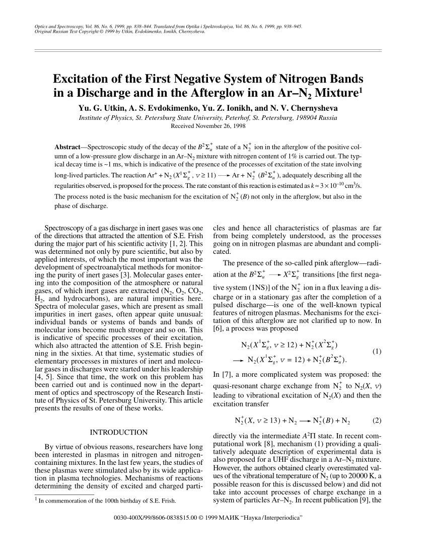 Pdf Excitation Of The First Negative System Of Nitrogen Bands In A Discharge And In The Afterglow In An Ar N2 Mixture
