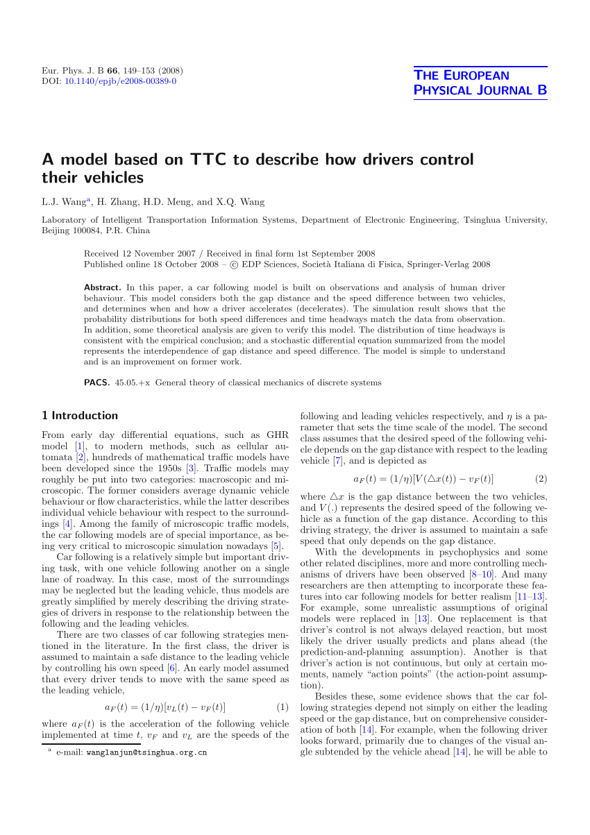 Pdf A Model Based On Ttc To Describe How Drivers Control Their Vehicles