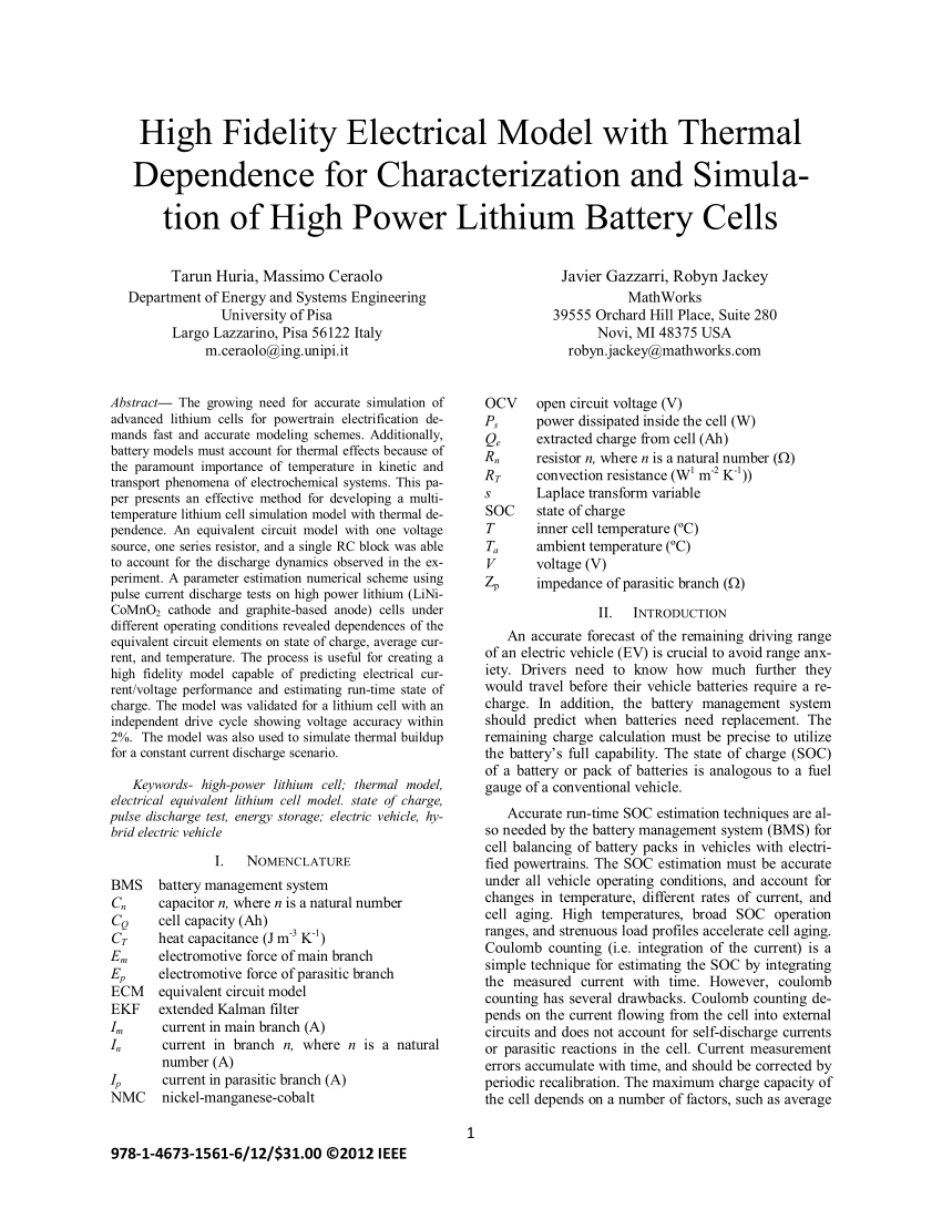 Pdf High Fidelity Electrical Model With Thermal Dependence For Characterization And Simulation Of High Power Lithium Battery Cells