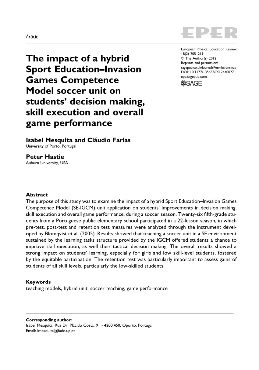 pdf  the impact of a hybrid sport education u2013invasion games competence model soccer unit on