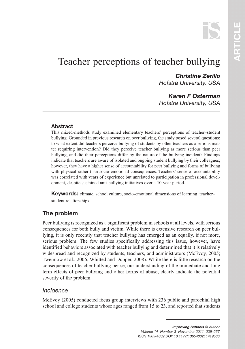 Pdf Teacher Perceptions Of Teacher Bullying - 