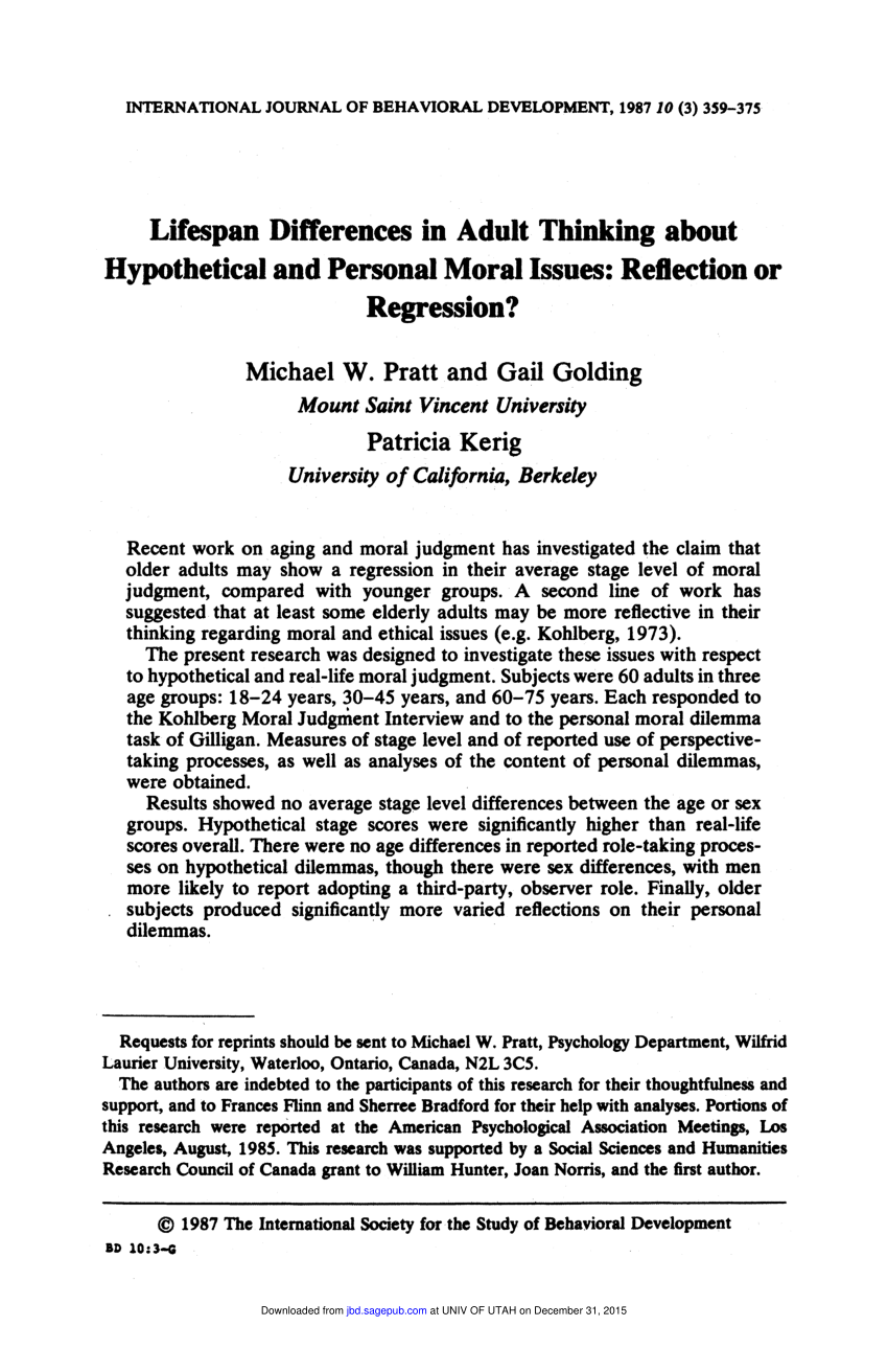 PDF) Lifespan Differences in Adult Thinking about Hypothetical and Personal Moral Issues Reflection or Regression?