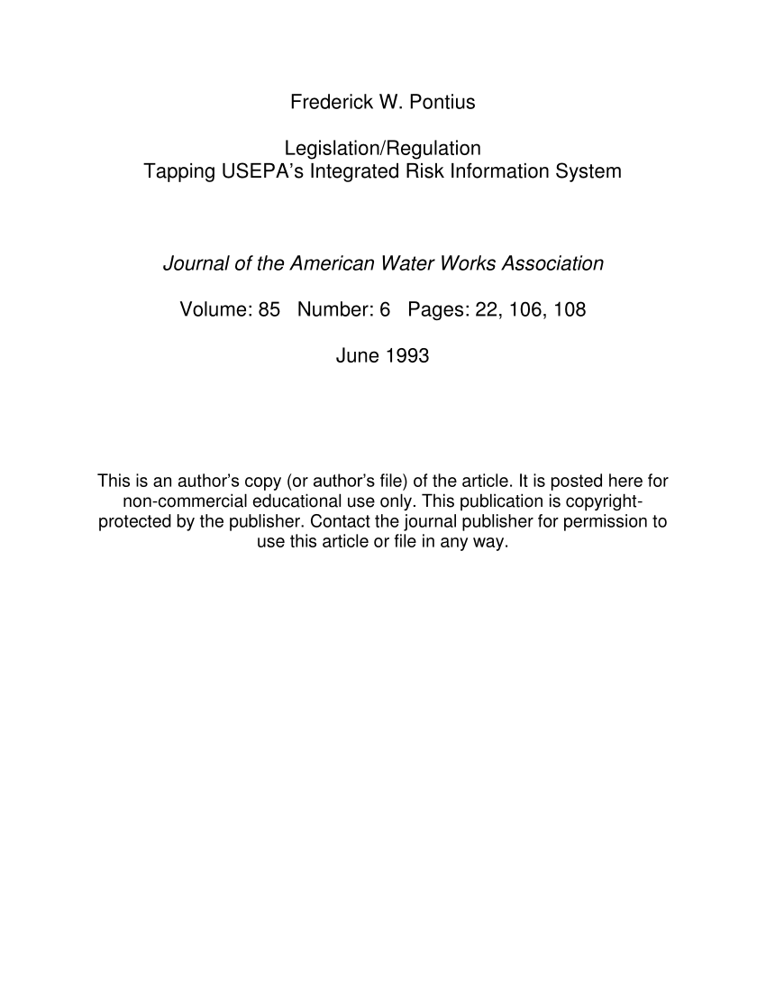 (PDF) Legislation/Regulation Tapping USEPA's Integrated Risk