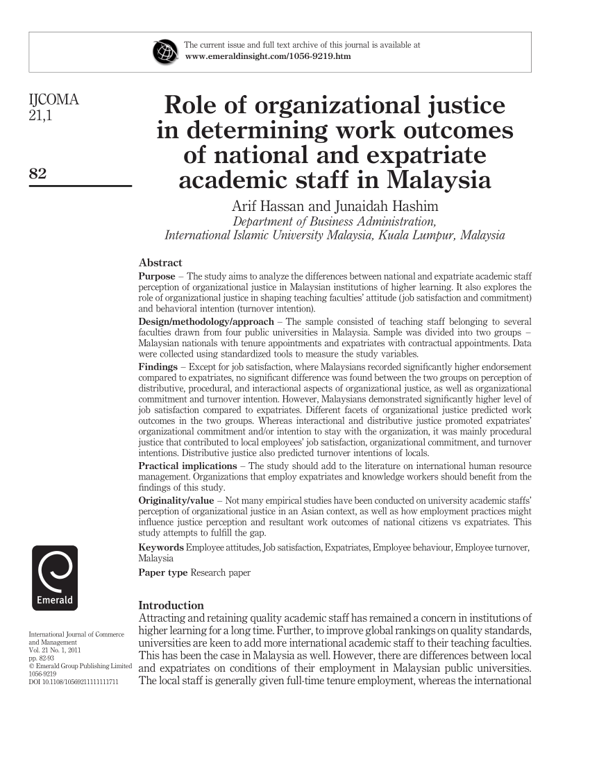 Pdf Role Of Organizational Justice In Determining Work Outcomes Of National And Expatriate Academic Staff In Malaysia