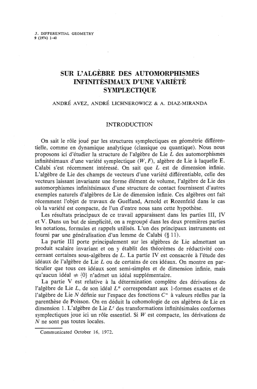 (PDF) Sur l'algèbre des automorphismes infinitésimaux d'une variété ...