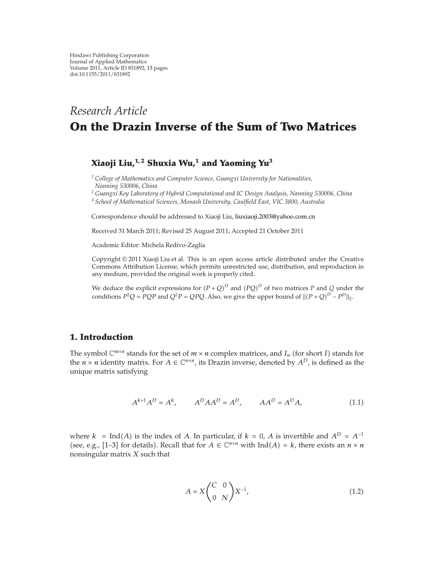 (PDF) On the Drazin Inverse of the Sum of Two Matrices