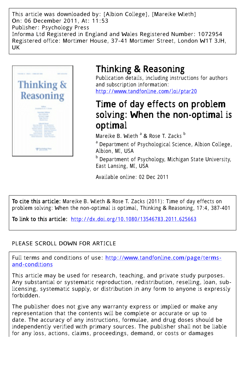 Pdf Time Of Day Effects On Problem Solving When The Non Optimal Is Optimal