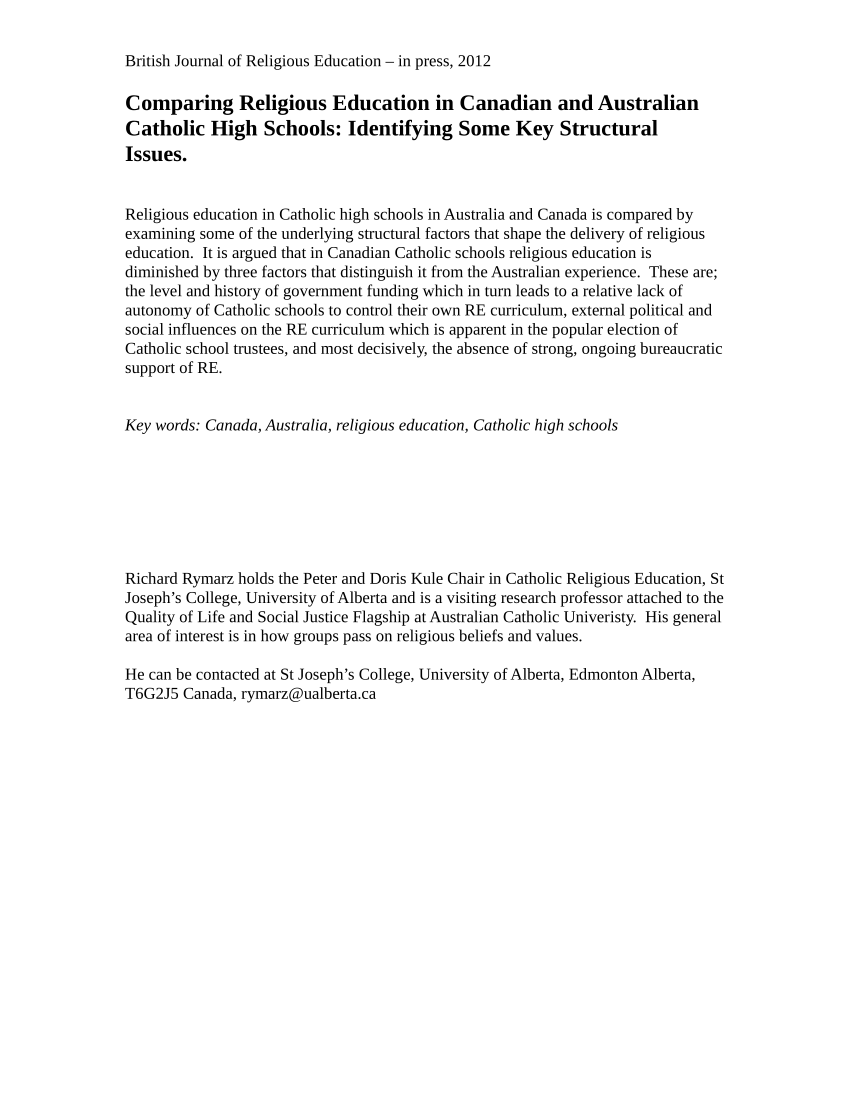 Pdf Comparing Religious Education In Canadian And Australian Catholic High Schools Identifying Some Key Structural Issues