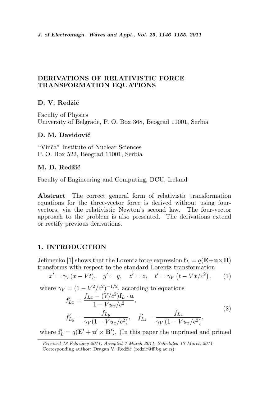 Pdf Derivations Of Relativistic Force Transformation Equations